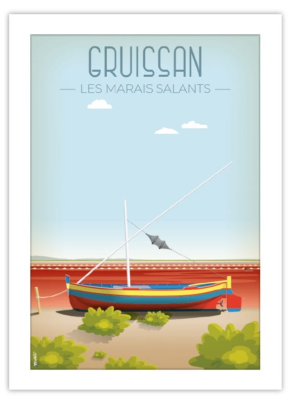 Affiche vintage des salins de Gruissan, dessinée à la main avec élégance, disponible sur www.designbymathieu.com