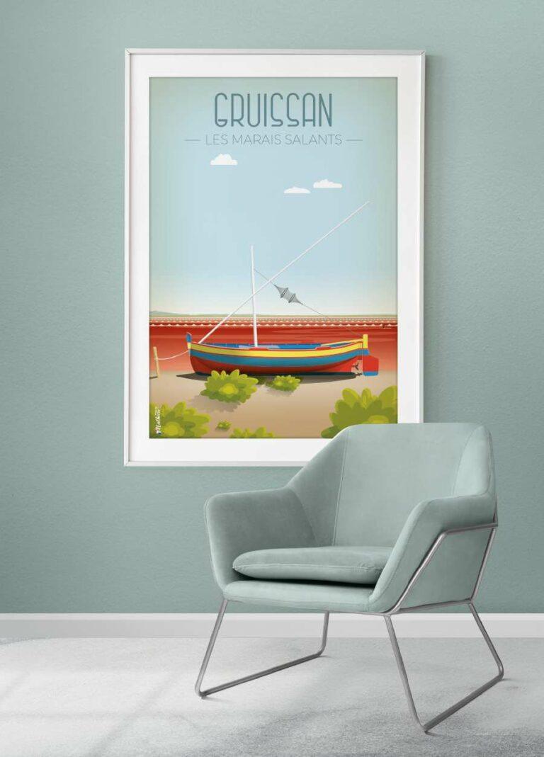 Affiche vintage des salins de Gruissan, dessinée à la main avec élégance, disponible sur www.designbymathieu.com