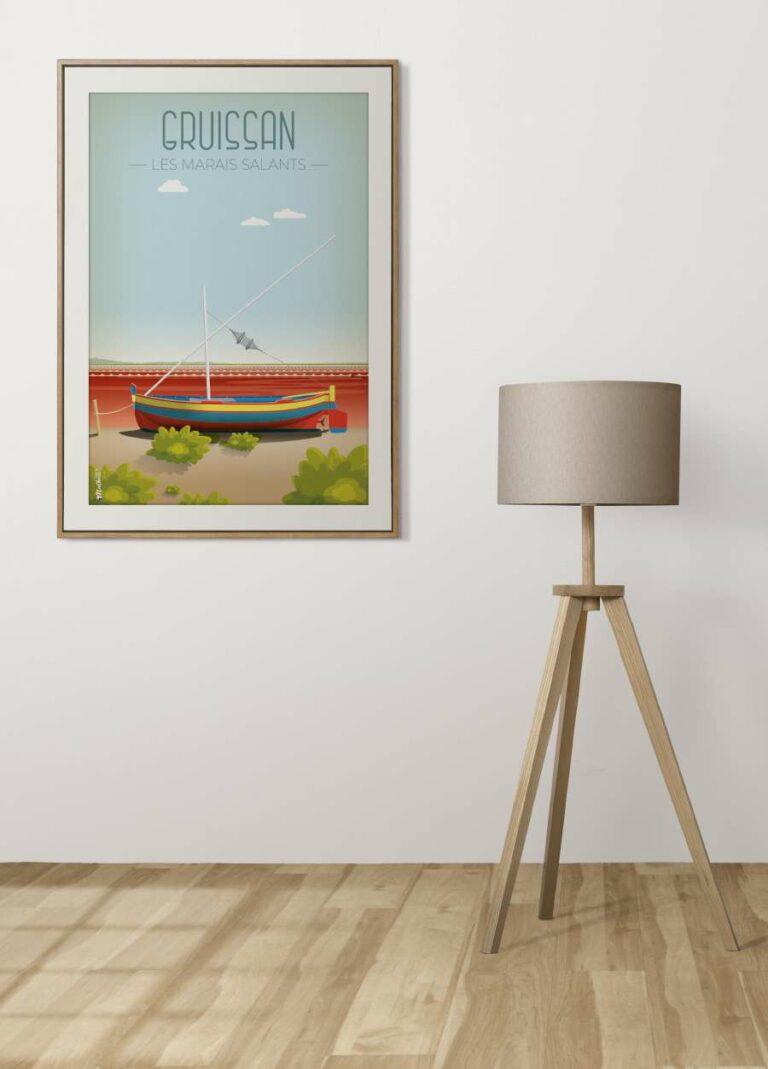 Affiche vintage des salins de Gruissan, dessinée à la main avec élégance, disponible sur www.designbymathieu.com