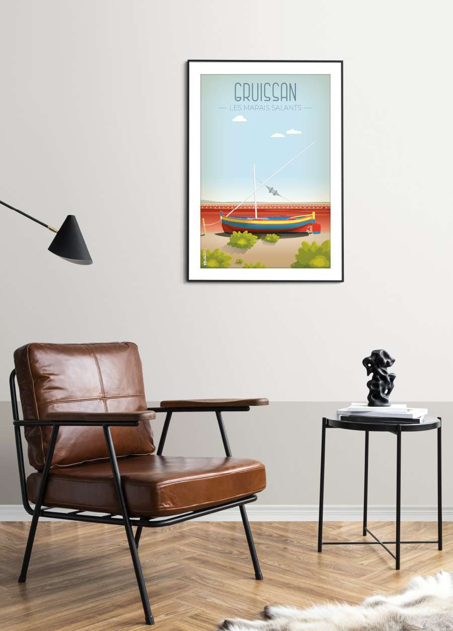 Affiche vintage des salins de Gruissan, dessinée à la main avec élégance, disponible sur www.designbymathieu.com